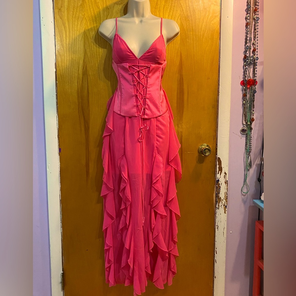 NWT Dress Decode maxi dress,gown,hot pink chiffon ruffle,lace up corset bodice S